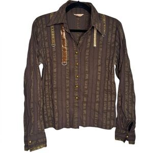 Y2K 90s Samsara Brown Stripped Velour Button Up Blouse Size 3